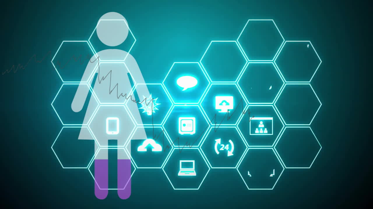 육각형 아이콘과 데이터 프로세싱 애니메이션이 사람의 실루 위에 있습니다.