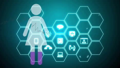 iconos hexagonales y animación de procesamiento de datos sobre la silueta de la persona