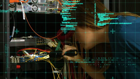 animation of data processing over caucasian woman in server room