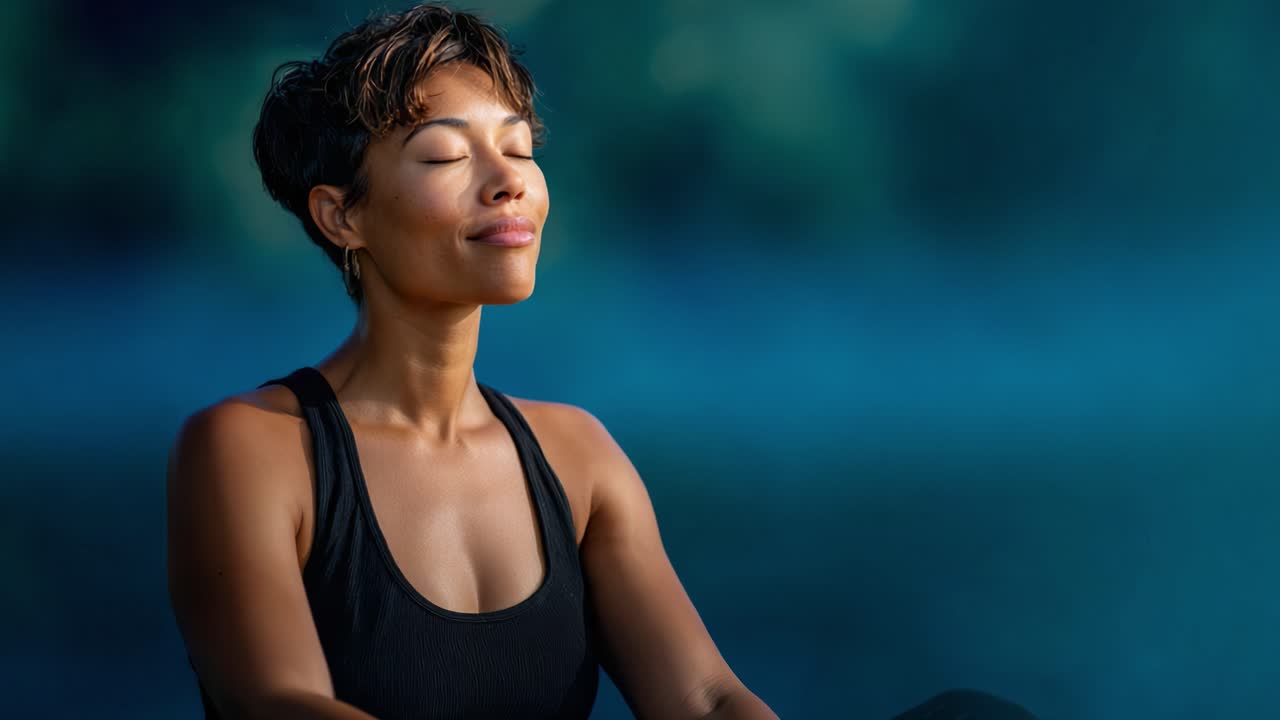 A tranquil moment of inner peace and mindfulness captured in a serene setting, showcasing a woman's connection to calmness and self-reflection through meditation