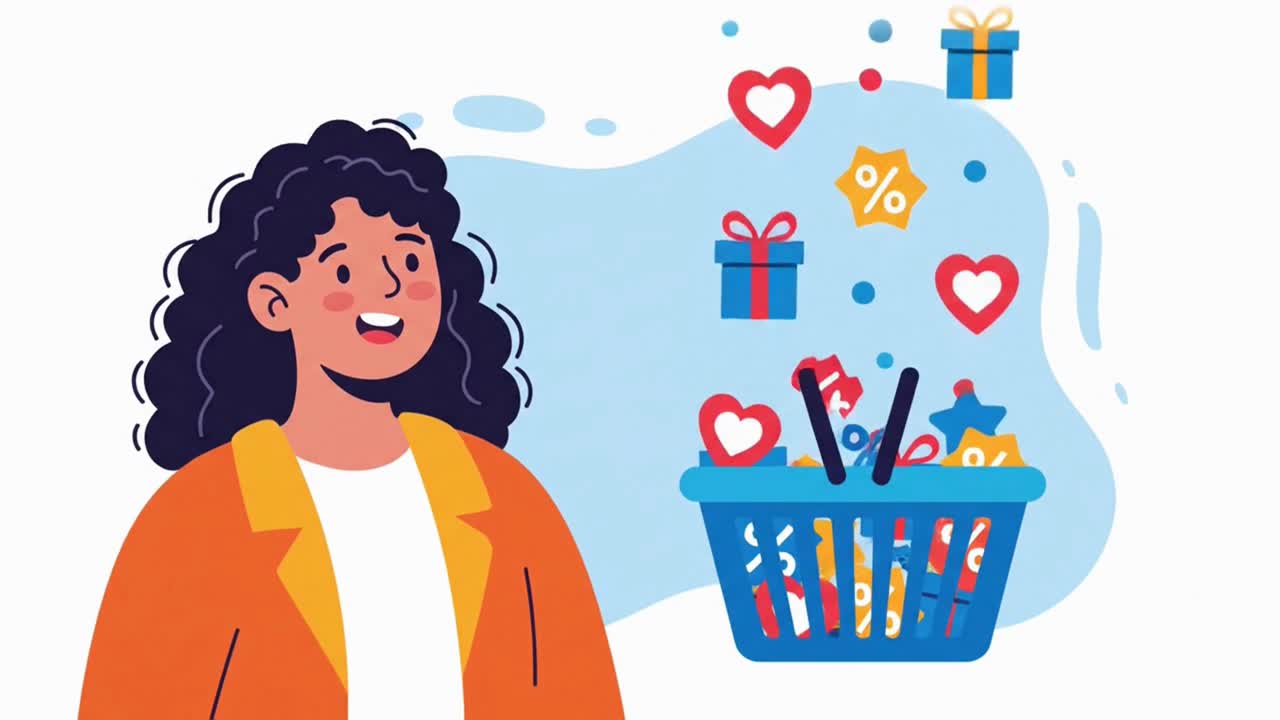 Happy young woman with a shopping basket full of online purchases and discounts