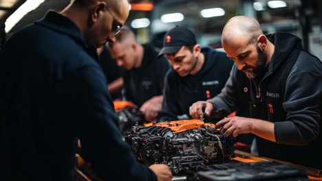 technicians assemble engines in a workshop during the day