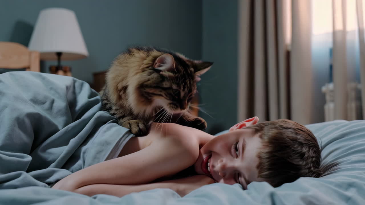 Ragazzo e gatto a letto