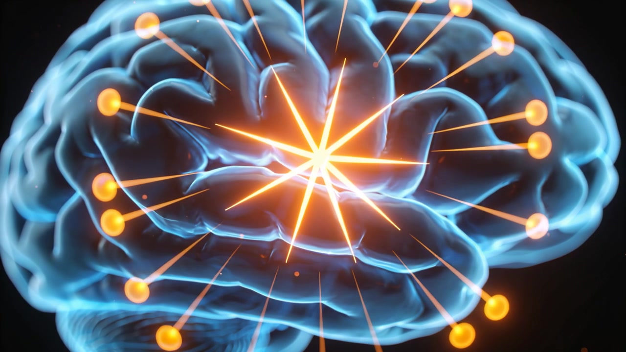 Activating styled blue brain model in dark void with orange nodes pulsing lines converging to burst