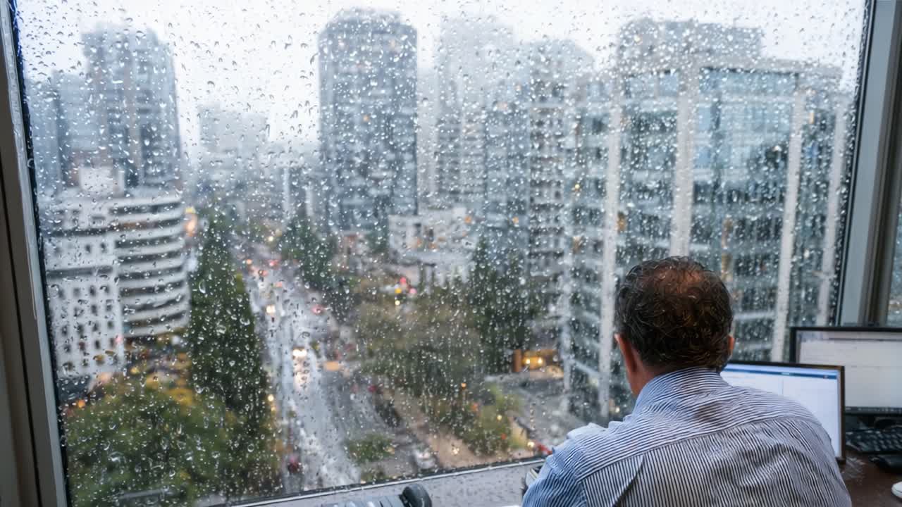 A contemplative figure gazes out a rain-streaked window, observing a bustling cityscape shrouded in mist, reflecting moments of solitude amidst urban life