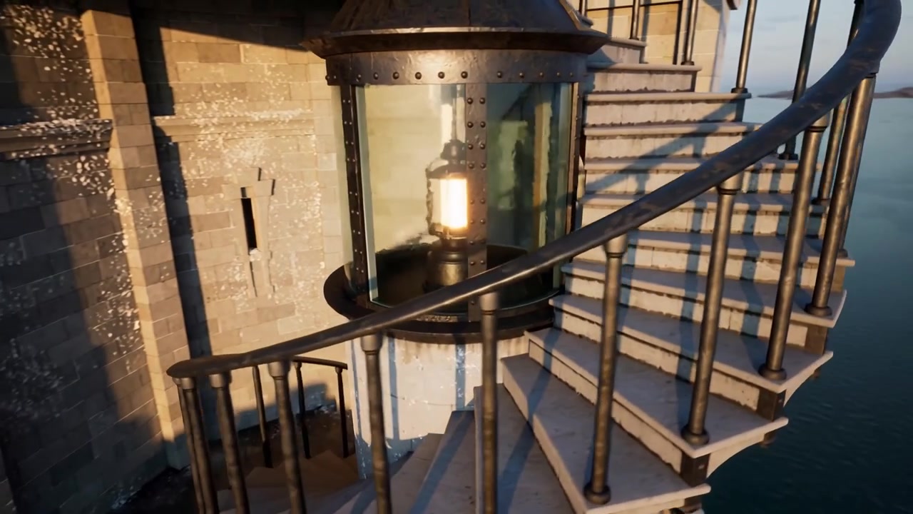 Telecamera orbitante che rivela una lanterna luminosa e scale a chiocciola in ferro in un faro, mostrando i rivetti