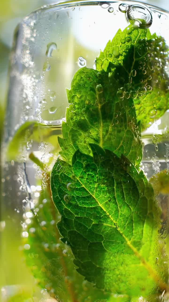Primo piano video di foglie di menta in acqua frizzante, che evidenzia freschezza e bollicine