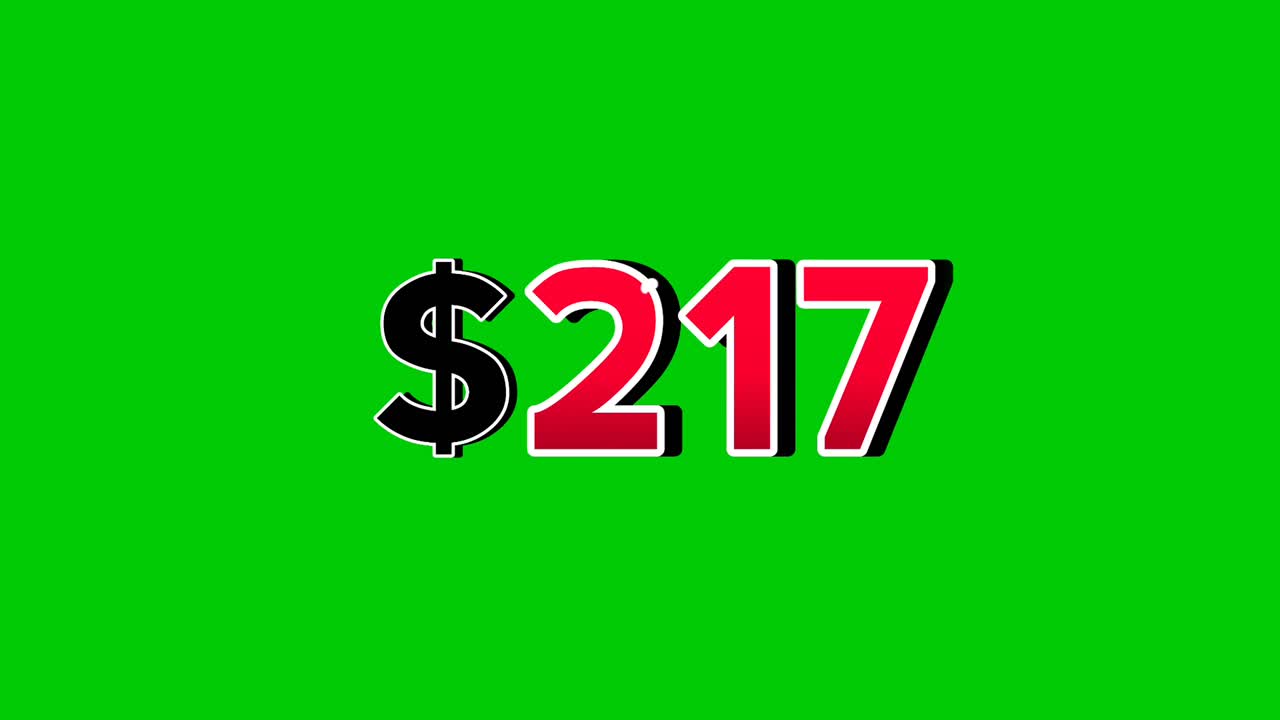 Animation number $217 dollar sign motion graphics with smoke effect green screen background vibrant red numbers. Video 3D effect with shadows for video elements business concept