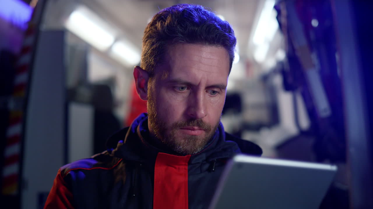 Focused male paramedic working on tablet