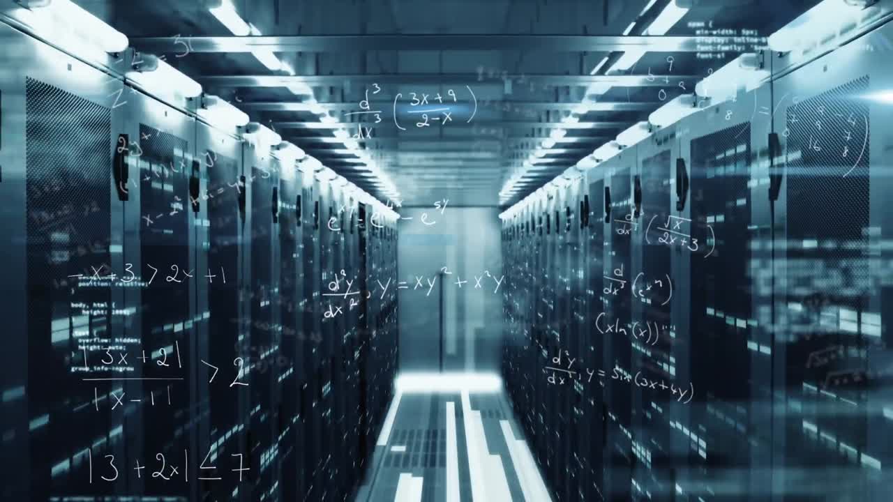 Animation of mathematical equations, data processing and mosaic squares against server room