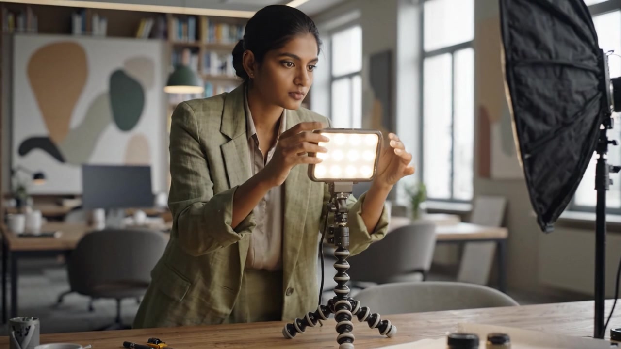 A Professional Woman Setting Up Lighting Equipment in a Modern Workspace to Capture High-Quality Photos with a Camera and Tripod in a Creative Environment