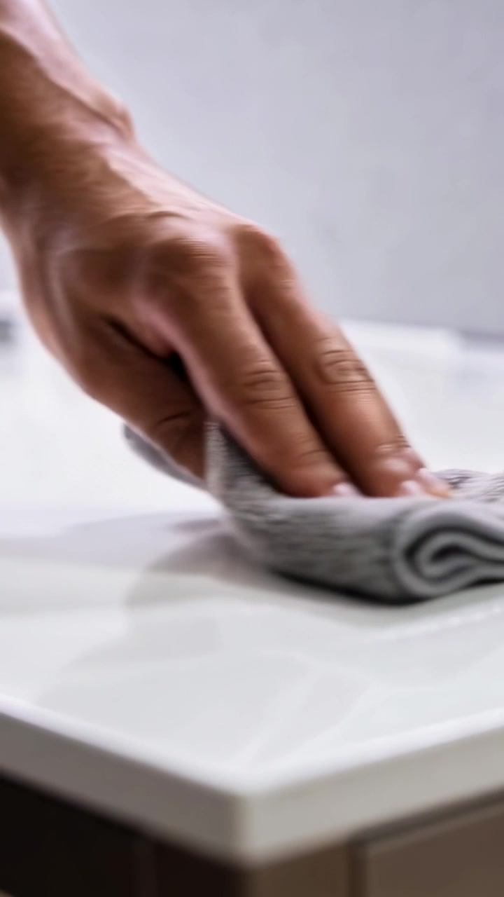 Vertical video: Entering frame, right hand wiping folded grey cloth on bathroom countertop to clean
