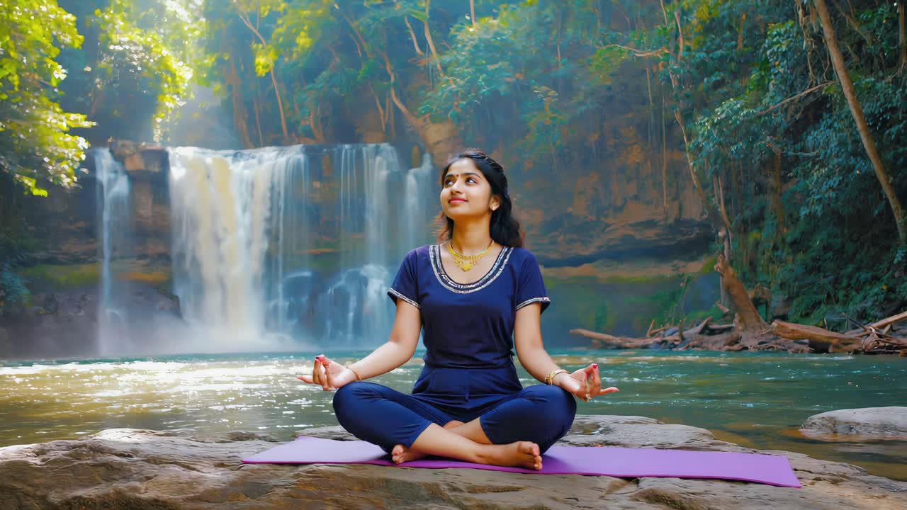 Woman Meditating by a Waterfall in a Natural Setting