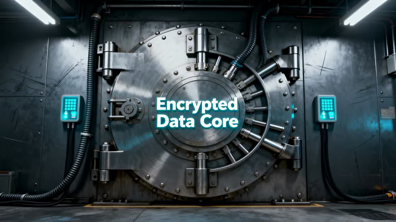 Revealing vault door Encrypted Data Core in vault, camera pushing, lights brightening, cyan keypads