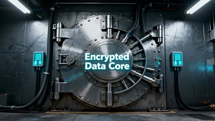 Revealing vault door Encrypted Data Core in vault, camera pushing, lights brightening, cyan keypads