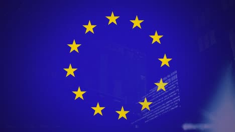 Animation-of-financial-data-processing-over-flag-of-european-union