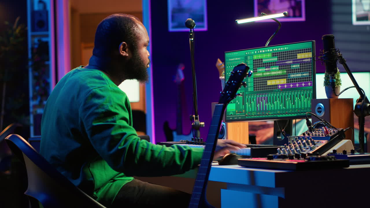 compositor creativo cantando una melodía y tocando la guitarra