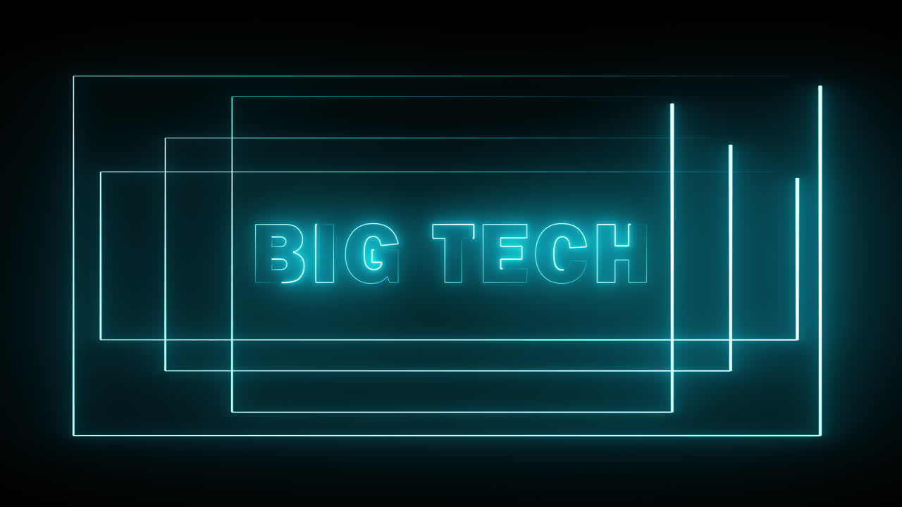 High-tech motion graphic featuring an abstract computer chip design with "Big Tech" text, illuminated by bright rectangular light lines and digital data paths. Ideal for technology videos