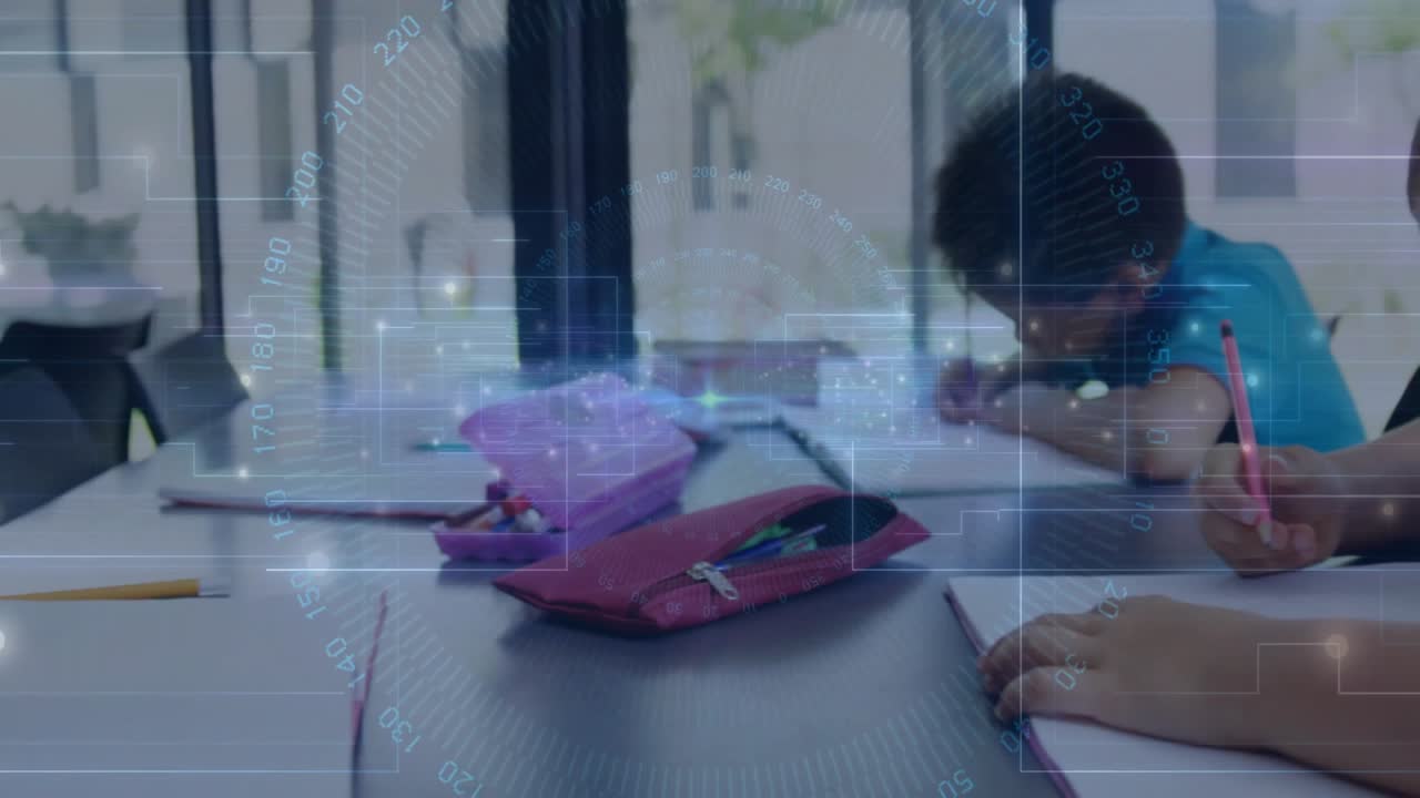 Child boy lifting pencil writing, panning to peer drawing with digital overlay graphics for study