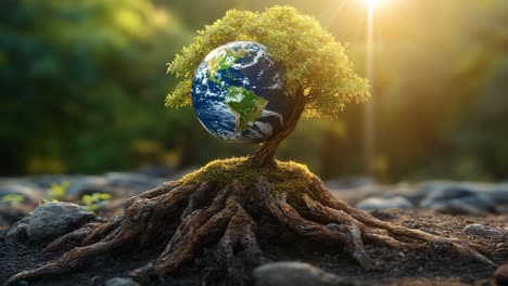 growing tree with earth in sunlight. a vibrant tree with roots holds a globe, symbolizing nature's relationship with the planet under sunlight.