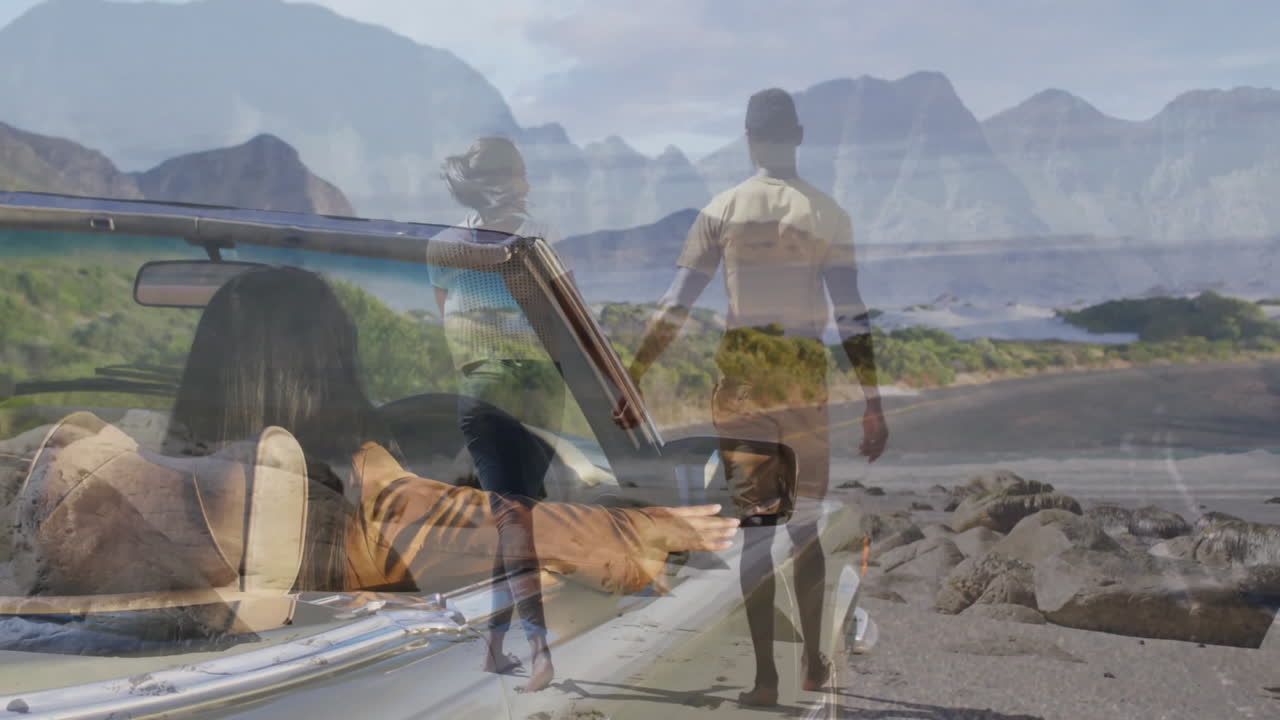 Walking on beach, couple with convertible car and animation in scenic landscape