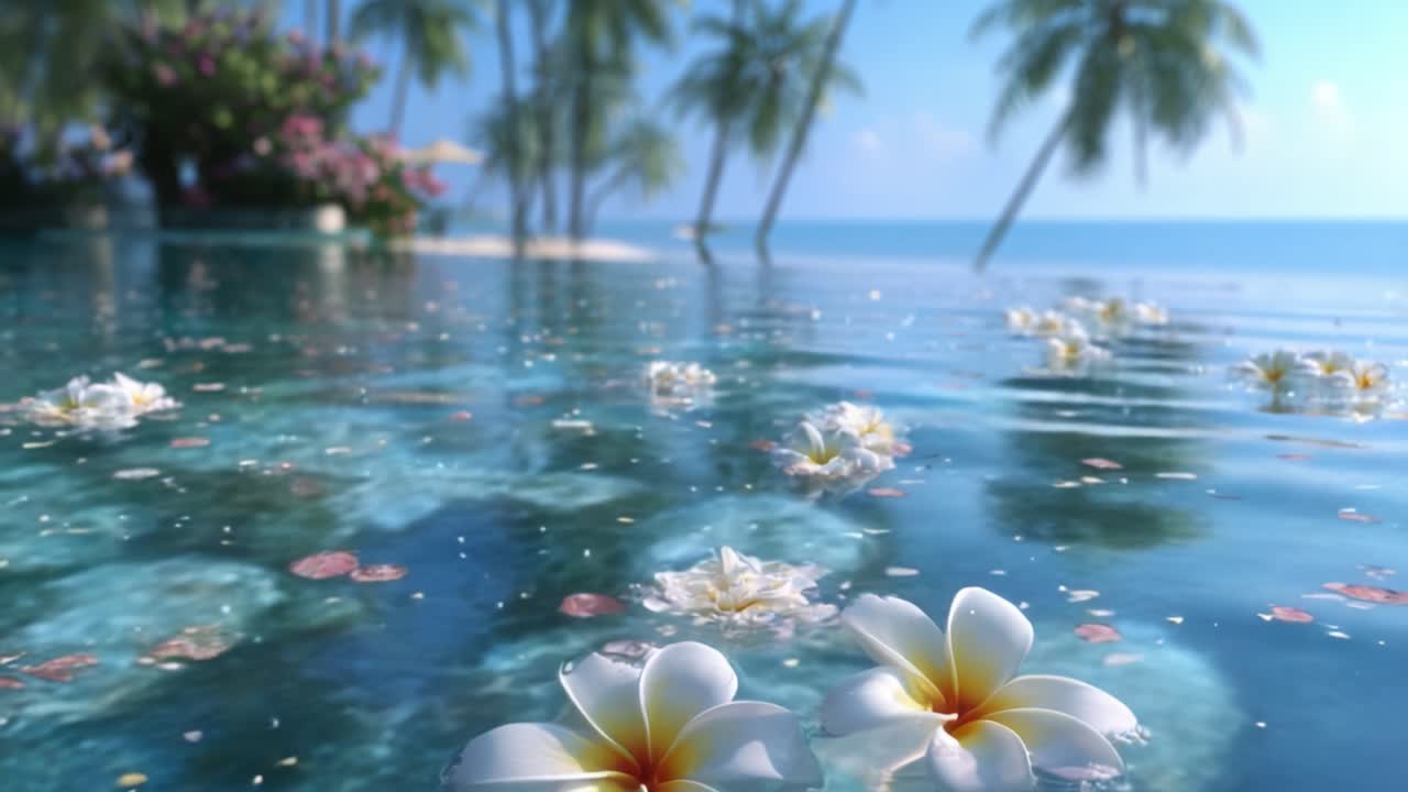 Oasi Serena: Una Scena d'Acqua Tranquilla con Fiori in Fiore e Palme Tropicali Sotto Cieli Limpidi, che Invita alla Pace e al Relax