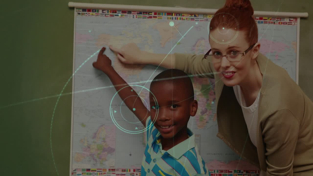 Teacher guiding student hand at world map while digital swirls enhancing geography learning