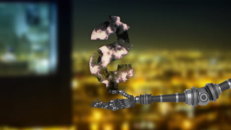 holding cloud-covered dollar sign, robotic hand representing financial technology