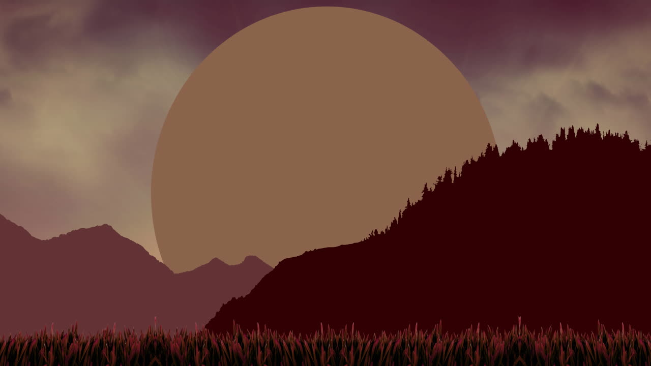 animación de siluetas de montañas y sol sobre el cielo azul con nubes