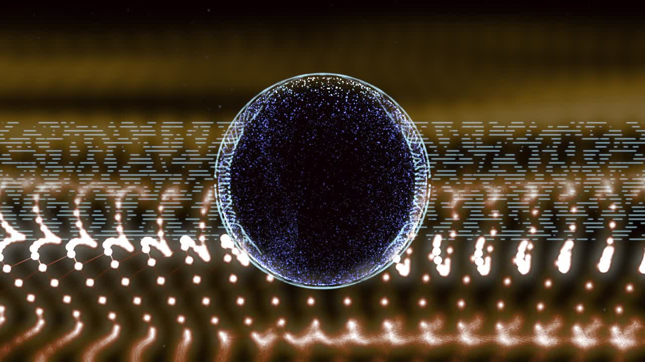 3d-рендеринг светящегося фона с электрическими линиями, передающими энергию в глобус с голубыми частицами внутри в центре.