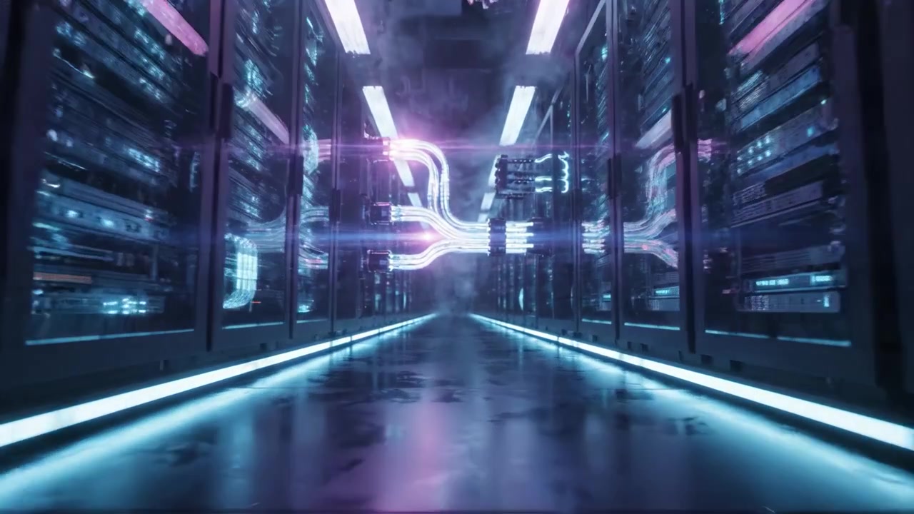 A Glimpse into a Futuristic Data Center: Illuminated Server Racks with Streaming Cables and a Misty Atmosphere, Showcasing Advanced Technology and Data Processing Infrastructure