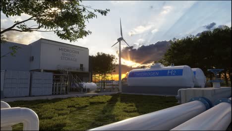 producción de energía renovable de hidrógeno - gas hidrógeno para electricidad limpia instalación de turbinas solares y eólicas. renderización 3d