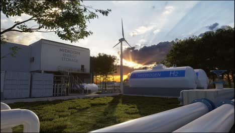 hydrogen renewable energy production - hydrogen gas for clean electricity solar and windturbine facility. 3d rendering