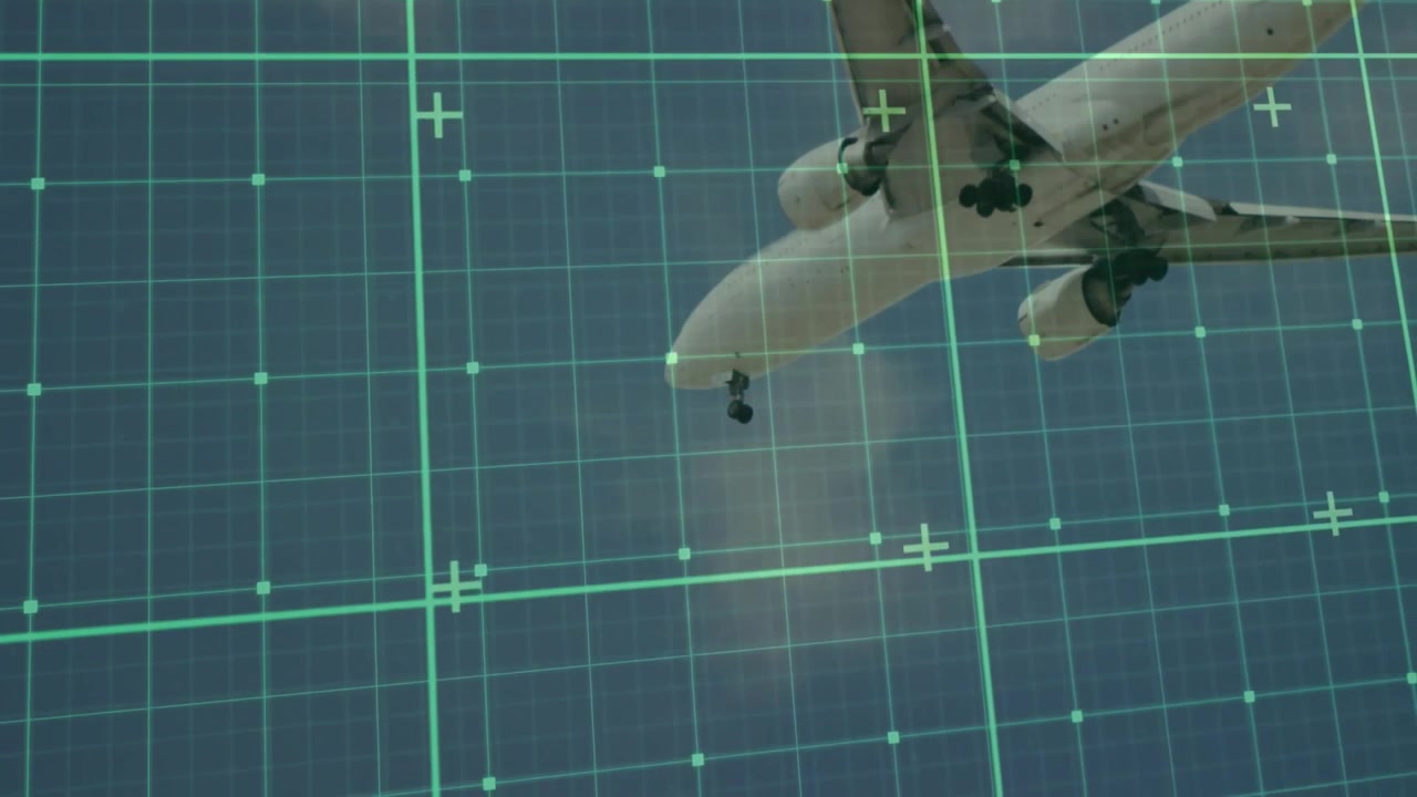 Crosshair locking onto commercial jet, descending and deploying landing gear to land in HUD view