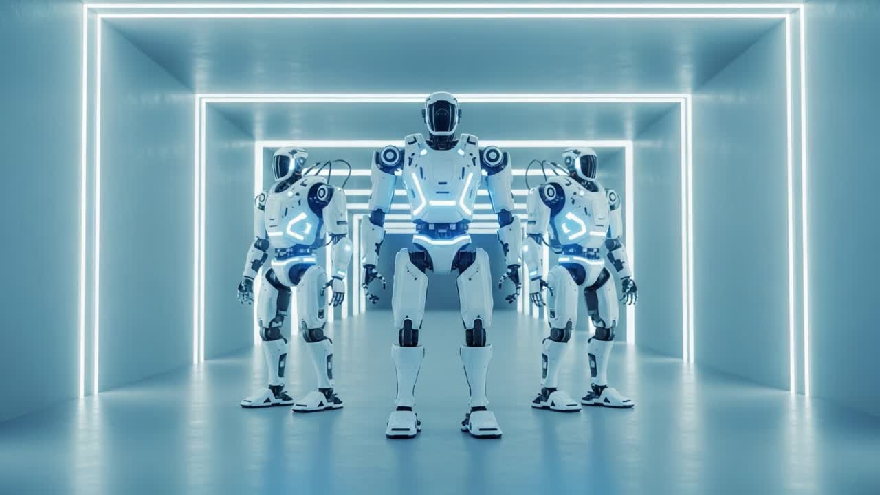Futuristic Robots Stand in a High-Tech Corridor with Neon Lighting, Showcasing Advanced Design and Technology in a Sci-Fi Environment