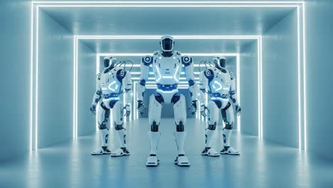 futuristic robots stand in a high-tech corridor with neon lighting, showcasing advanced design and technology in a sci-fi environment