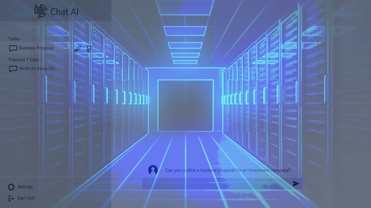 el logotipo del chat y el texto de la conversación de la sala de servidores de computadoras brillantes