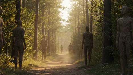 a mystical walkthrough an enchanted forest filled with abstract figures, light, and shadows – exploring the intersection of nature and the unseen