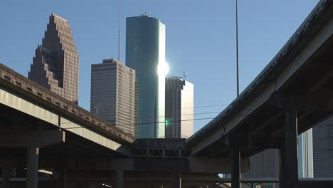 Low-angle-aerial-view-of-downtown-Houston