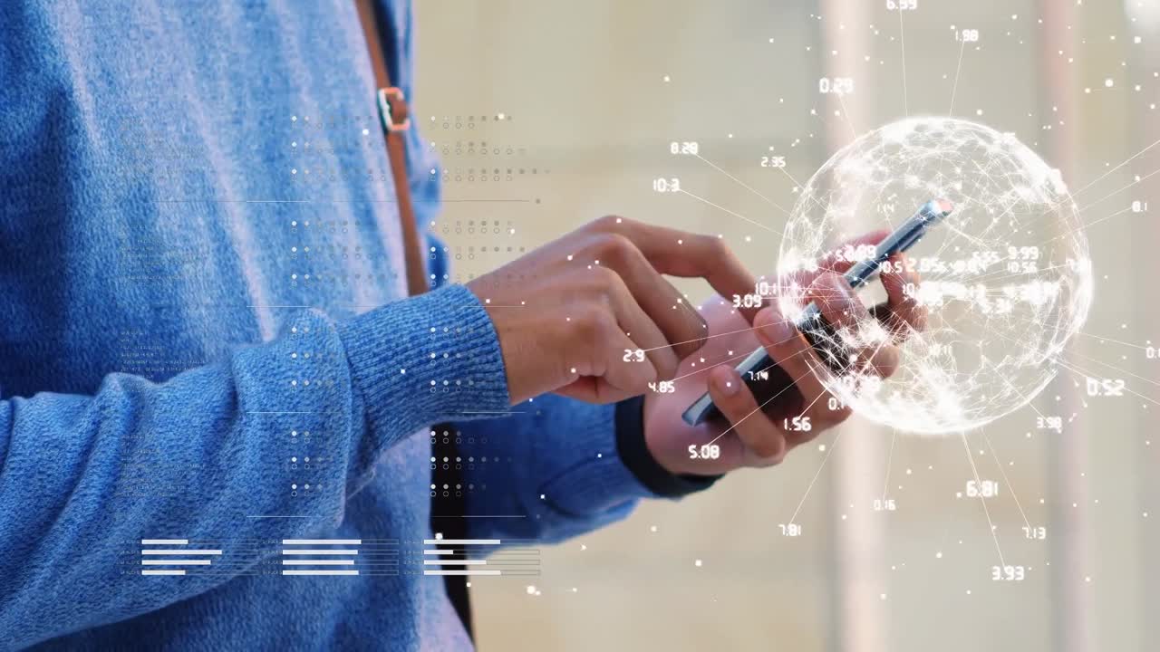 Animation of financial data processing over biracial man using smartphone