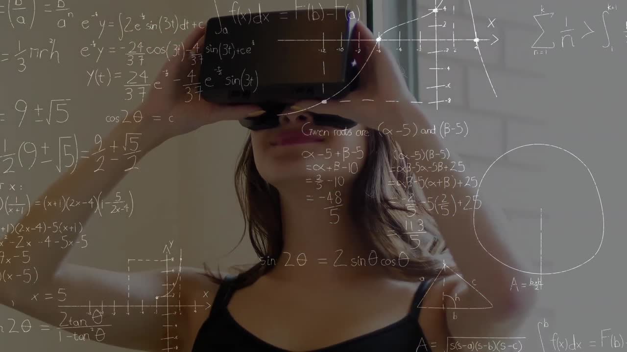 Animation of mathematical drawings and equations over woman wearing vr headset