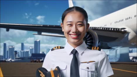 close up of asian woman pilot standing and smiling to camera in airfield with airplane on background