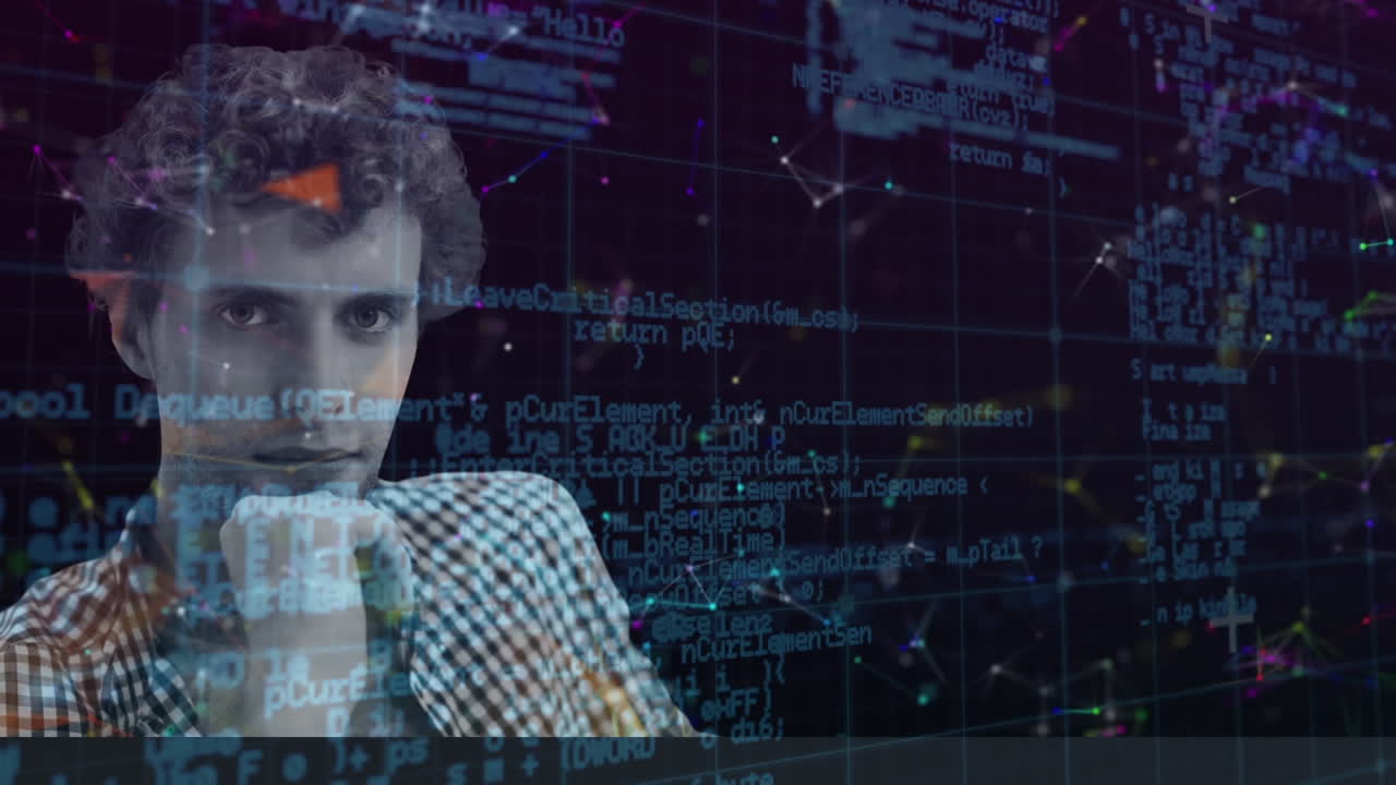 red de conexiones sobre el hombre con la mano en la barbilla contra el procesamiento de datos