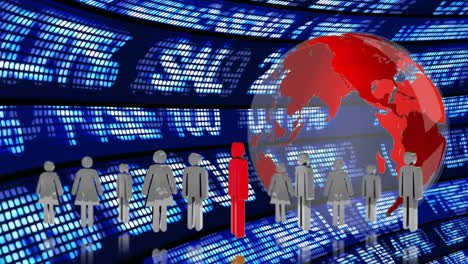 digital red earth rotating against digital billboard with human shapes on the foreground