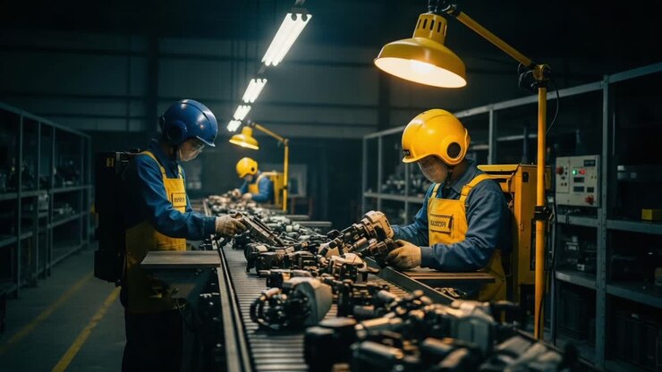 Focused Assembly Line Workers in Safety Gear Efficiently Collaborate to Build Mechanical Parts Under Bright Industrial Lighting in a Factory Environment