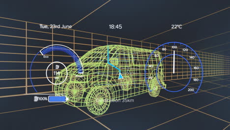 Animation of speedometer over electric van project on navy background