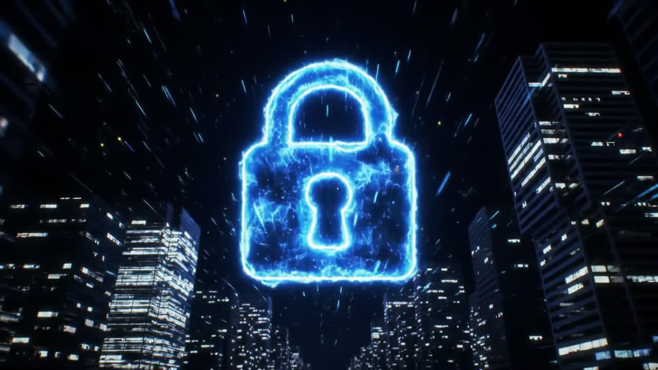 Glowing Lock Icon Over Night Cityscape