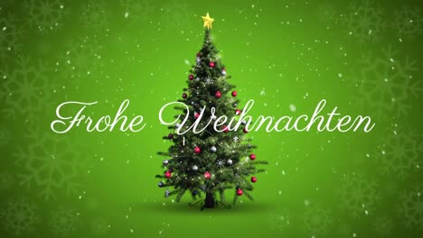 Frohe-Weihnachten-Text-Und-Schnee,-Der-Gegen-Schneeflocken-Auf-Grünem-Hintergrund-Fällt