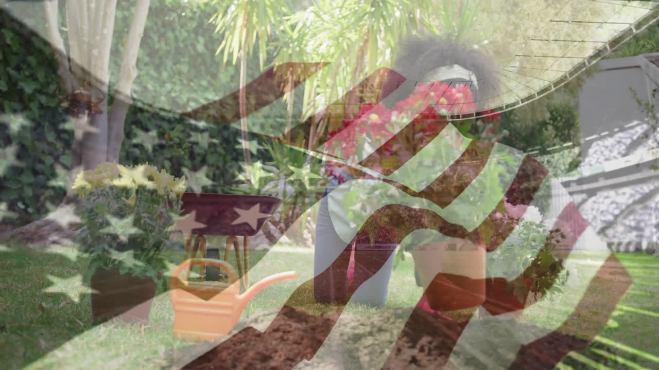 American flag overlay with lush green plants in garden animation scene