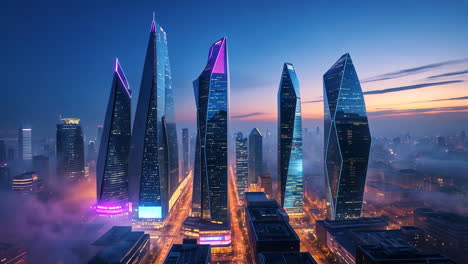 futuristic cityscape with neon lit skyscrapers at dusk